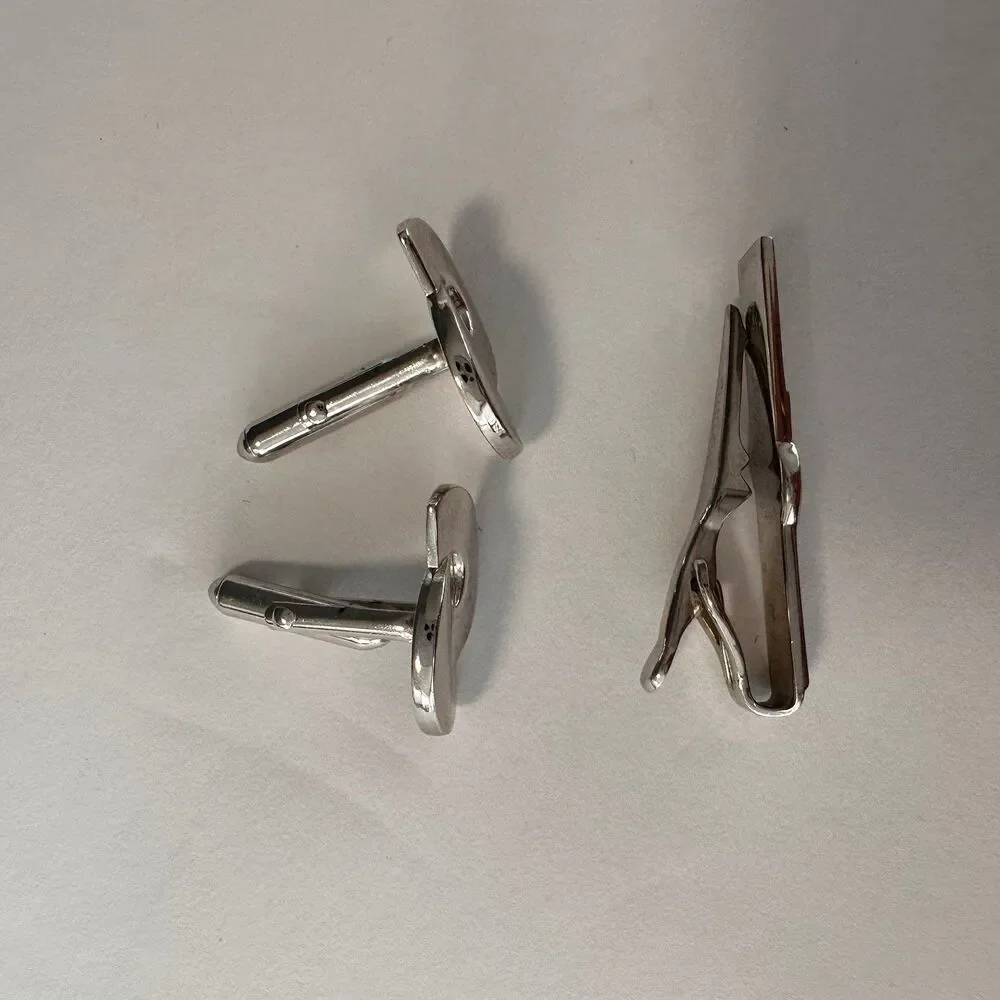 Vintage 1960s Men’s Swank Silver Tone Metal Cufflinks and Tie Clasp Set